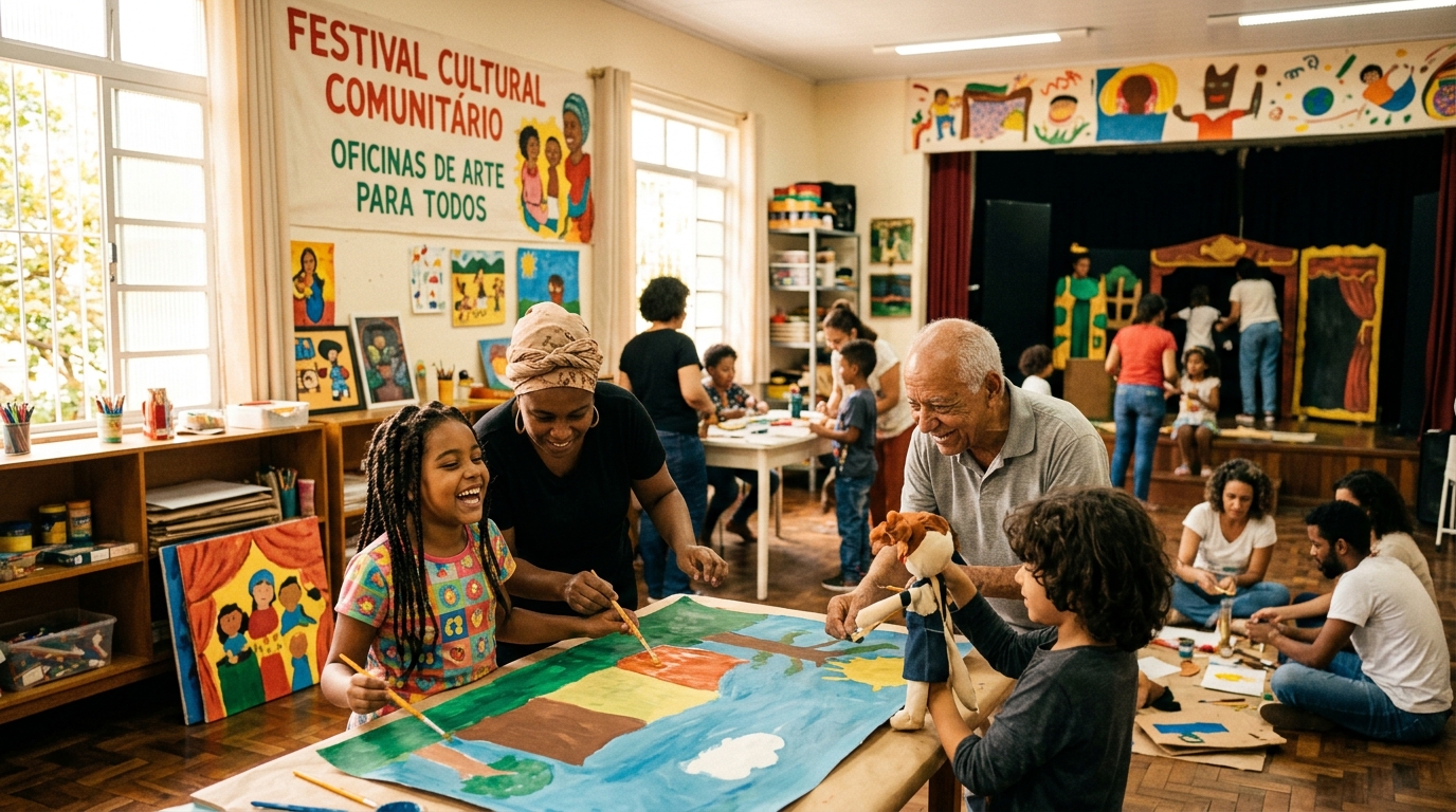 Festival cultural comunitário com oficinas de arte para todos